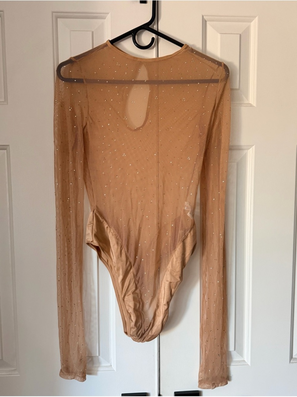 NWT Mesh Long-Sleeve Rhinestone lingerie LINGERIE BODYSUIT,  Nude, Size XLarge